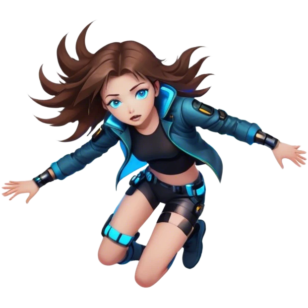 Neon cyberpunk style 
girl with brown hair and blue eyes 
falls emoji