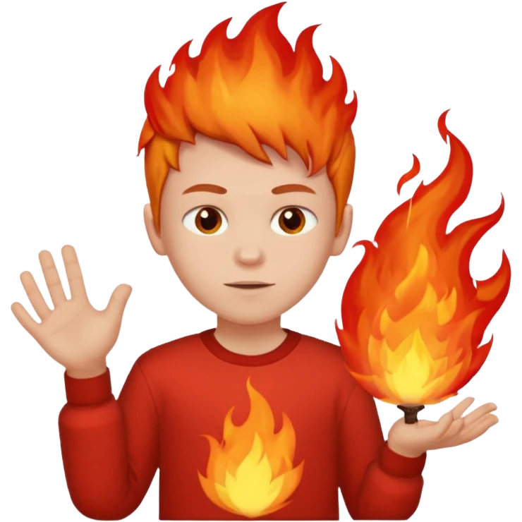 A boy with no hands fire instead made out of red fire and the boy is wearing a shirt that says FIRE C emoji