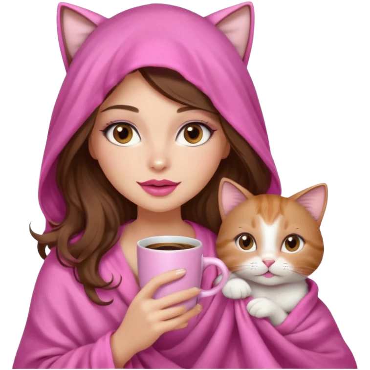 girl with long wavy brown hair, brown eyes, long lashes makeup, sexy pink lips, light to medium complexion, wearing a pink sexy silk top, big blanket over the head cozy holding a cat,  drinking coffee emoji