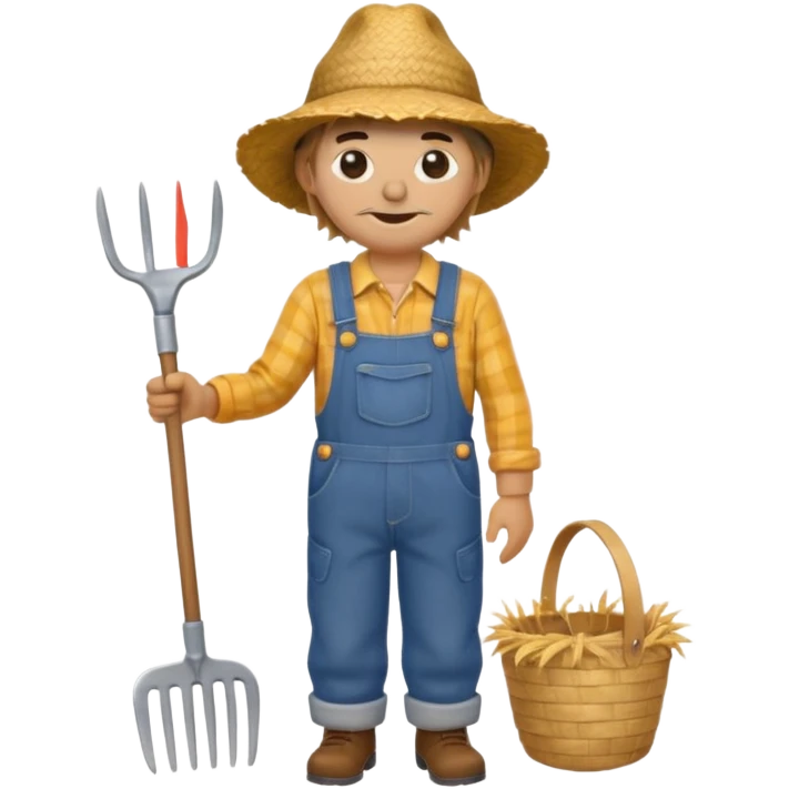 Scarecrow, Dressed like a farmer with overalls, straw hat, and a rake tucked in one arm. emoji
