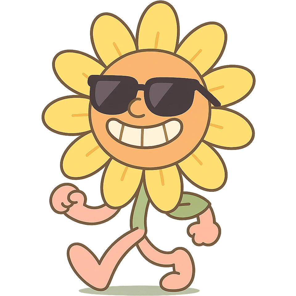 bright pastel yellow sunflower with large sunglasses, grinning proudly while strutting, round body, exaggerated confident face, pastel-toon style emoji