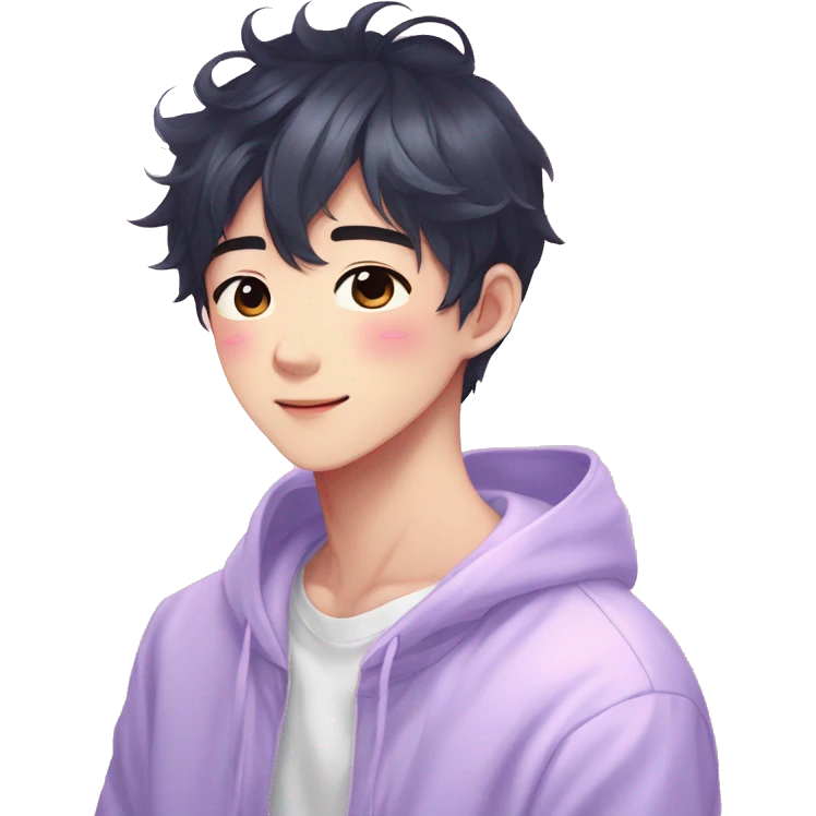 Gorgeous bright sparkly romantic Asian anime pastel guy with blushing face aesthetic trending style outside emoji