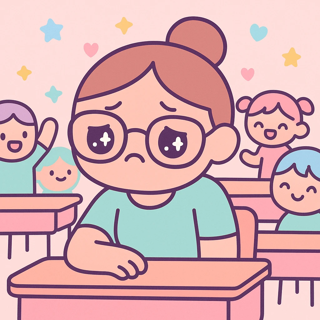 exhausted teacher in a bustling classroom emoji