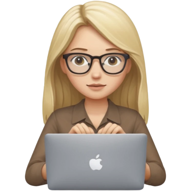Girl in glasses, blonde long hair, sitting with MacBook , brown blouse, typing on gray MacBook emoji