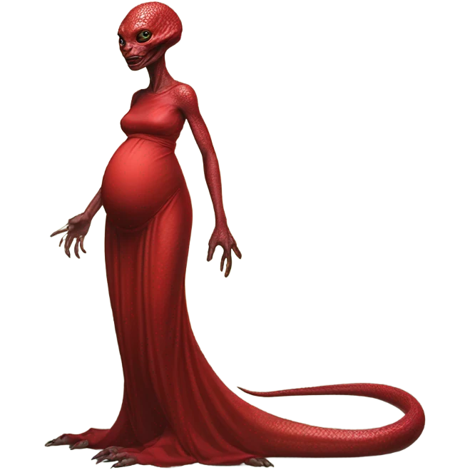 Pregnant Reptilian alien woman, full body in red dress emoji