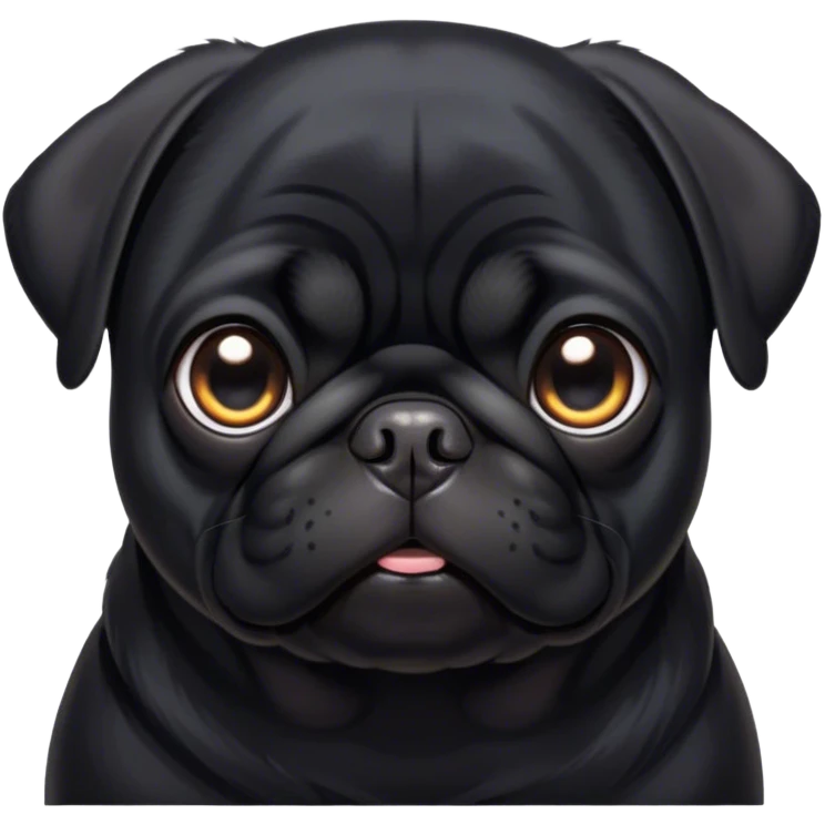 Cinematic Noble Black Pug Portrait Emoji, Poised and regal, with a compact, sturdy build and a sleek, shiny pure black coat, deep-set soulful dark eyes, Simplified yet sharp and sophisticated features, highly detailed, glowing with a soft, dignified glow, high shine, intelligent and spirited, stylized with an air of confidence, focused and attentive, soft glowing outline, capturing the essence of a watchful and commanding companion, so majestic it feels as though it could prance out of the screen with effortless authority! emoji