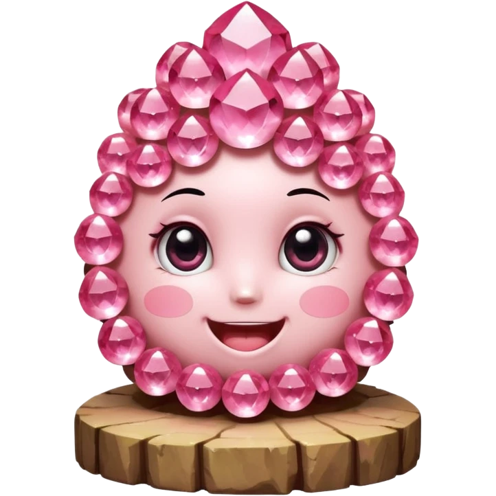 A single cute pink crystal cluster character, chunky round base with many tall rose-pink crystal quartz cluster imperfect, on the front of the base a kawaii face with big shiny eyes and a happy open smile very shiny and nothilng else emoji
