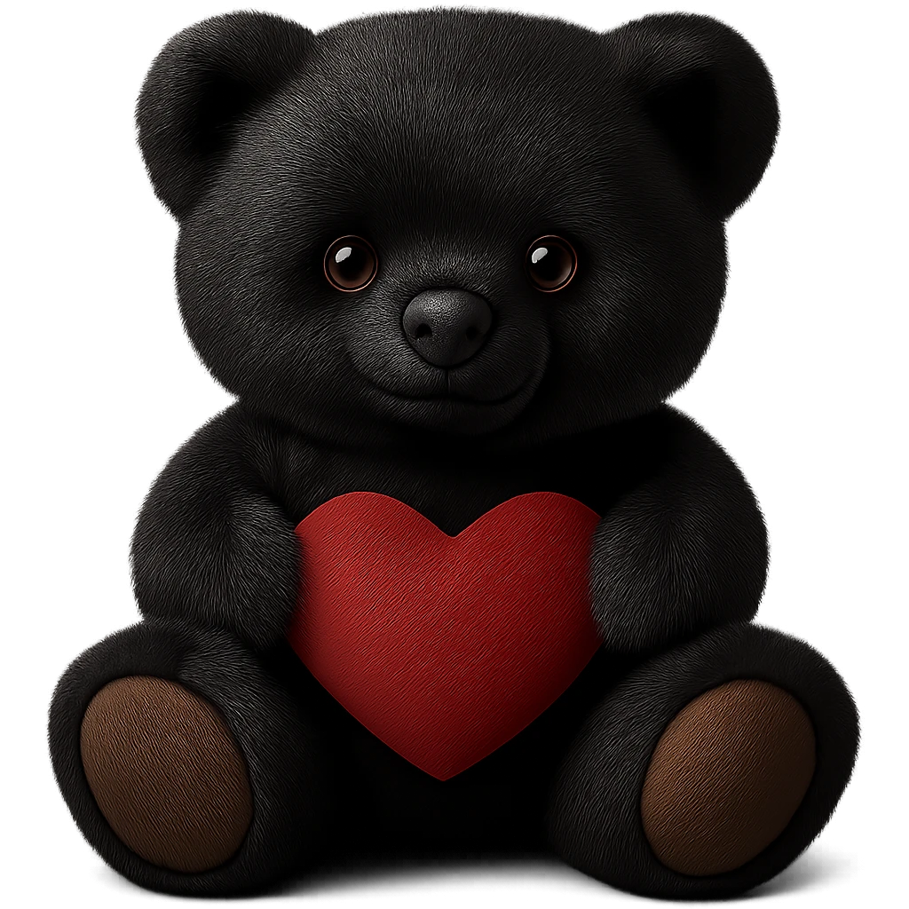 Change the teddy bear's fur to a realistic black color, keep soft lighting, and maintain a transparent background. The style should remain consistent with the original image's soft and realistic look. emoji