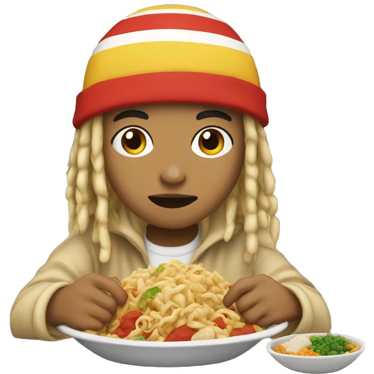 Lightskin with beanie and blonde dreads, eating Asian food emoji