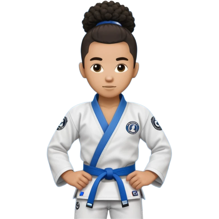 black jiu jitsu instructor with a afro ponytail and a low taper fade sides haircut, and a small fade on the sides with a blue belt and roger Gracie academy logo on the gi emoji
