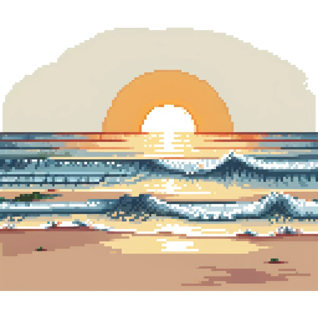 sunrise on a beach with waves, pixel art style emoji