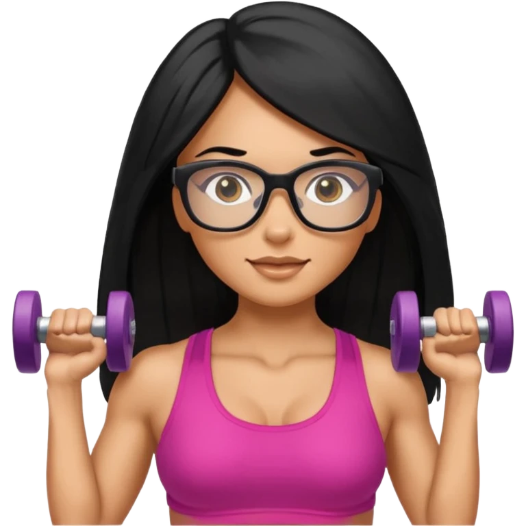 Mujer fitness usando mancuernas con lentes de marco delgado y cabello largo negro emoji