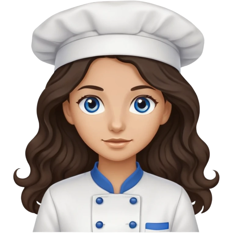 A girl with long, dark brown, wavy hair, grey-blue eyes. He cooks in the clothes of a cook emoji