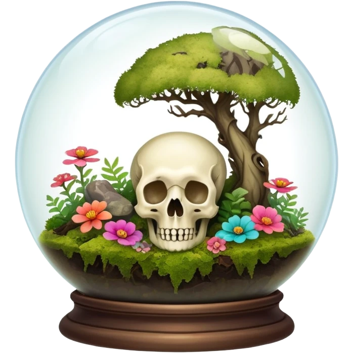 Mystical woodland glass-dome-terrarium-globe with moss and an animal-cadaver-skull and flowers inside  emoji