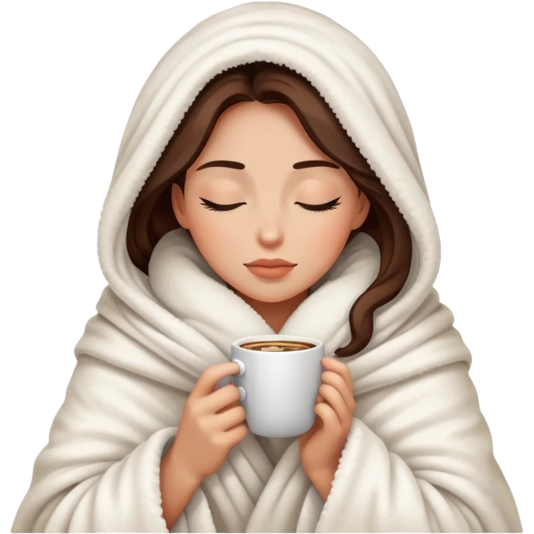 A Woman wrapped in a fluffy blanket sipping coffee with her eyes closed emoji