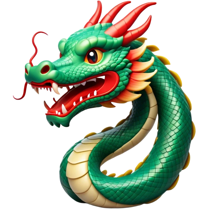 Cinematic Comical Chinese Serpent Dragon Portrait Emoji, Head tilted dramatically with an exaggeratedly amused expression, featuring a sleek, serpentine form adorned in luminous jade and vermilion scales interlaced with playful cloud and water accents; rendered with vibrant, lifelike textures and dynamic natural shadows, high shine, playful yet wise, styled with an air of cheeky ancient mystique, soft glowing outline, capturing the essence of a spirited and humorously enigmatic celestial dragon that looks ready to spiral into legendary lore! emoji