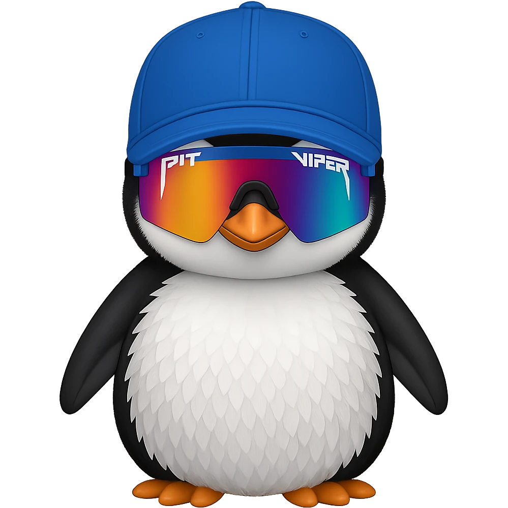 Add Pit Viper style sunglasses to the baby penguin with a baseball cap. Remove the background. Maintain the original style and look of the penguin. emoji