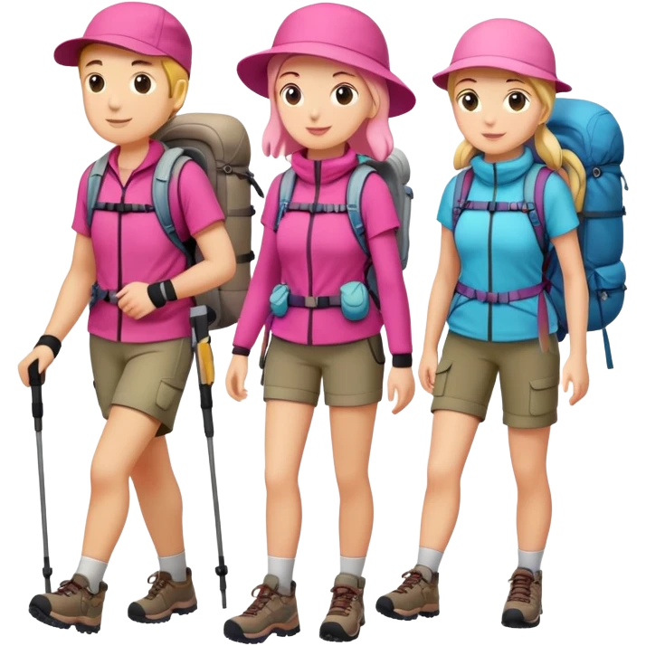 5 hikers in pink, male and female persons emoji