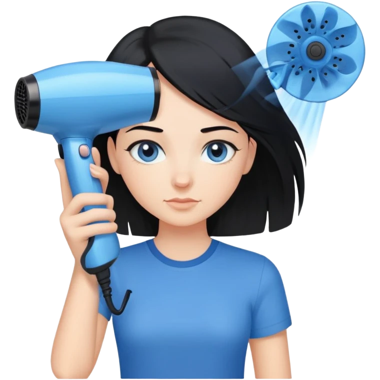 a girl with black hair, blue eyes in a blue shirt and with a hair dryer in her hands emoji
