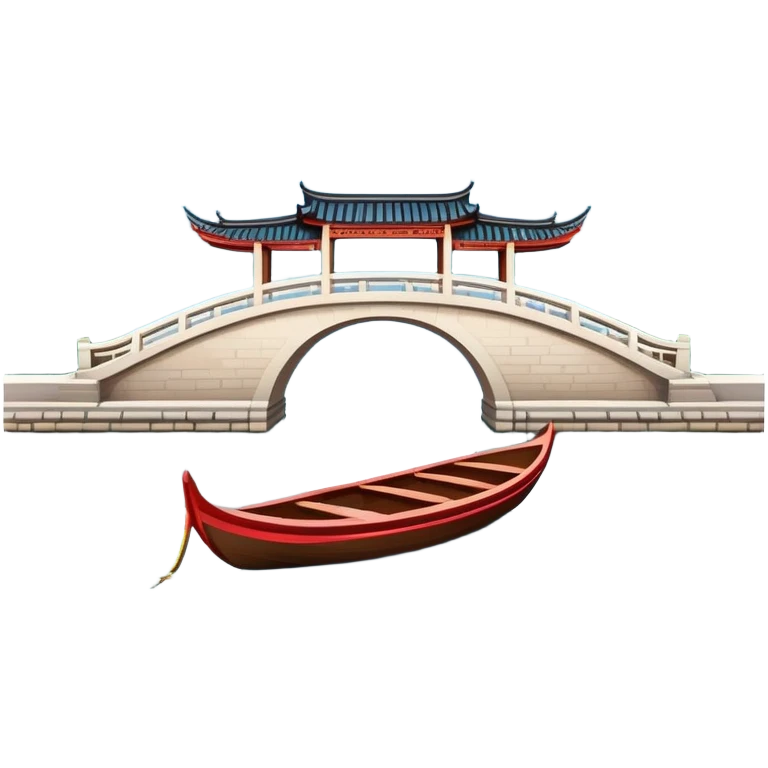 West Lake with Broken Bridge and small boat, Hangzhou, symmetrical composition, simplified emoji style with bold outlines, traditional Chinese arch bridge over water with a small wooden boat beneath emoji