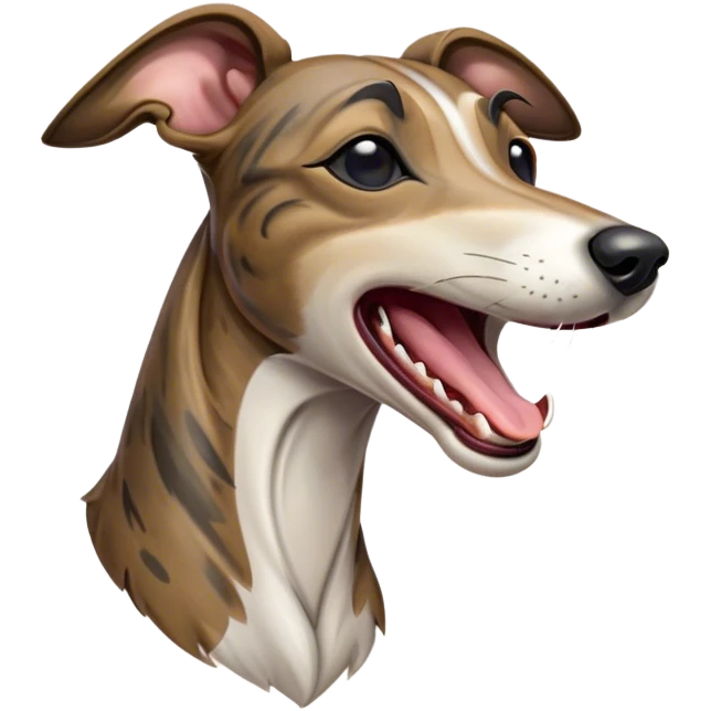 Cinematic Cute Yawning Brindle Greyhound Portrait Emoji, Head tilted slightly with a dramatic, wide-open yawn, showcasing a smooth brindle Fur with a refined pattern, floppy ears slightly drooping, round eyes barely open in drowsy contentment, Simplified yet irresistibly adorable features, highly detailed, glowing with a soft, cozy glow, high shine, relaxed yet expressive, stylized with a touch of whimsy, bright and endearing, soft glowing outline, capturing the essence of a sleepy yet affectionate racer, so drowsy it feels like it could stretch out of the screen and curl up for a nap! emoji