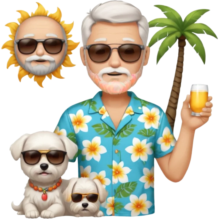 white man grey hair beard holding a white Maltese relaxing on a beach full body 1 dog emoji