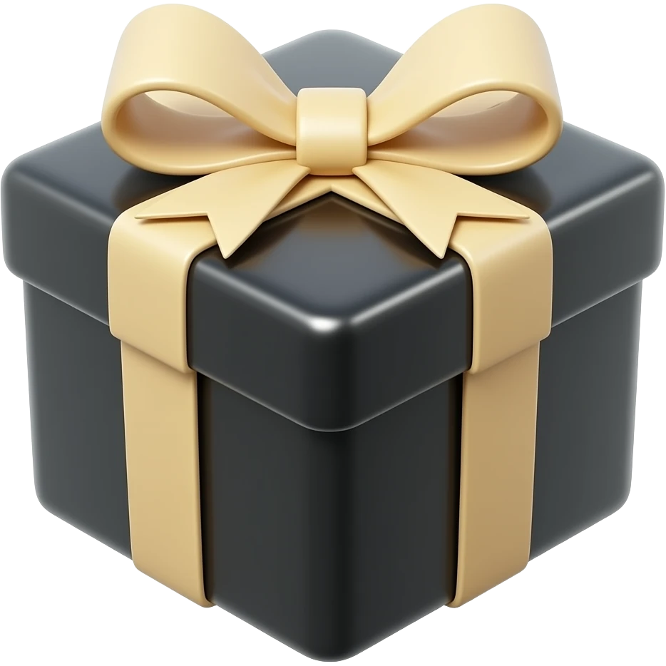 Cinematic looking black shiny gift box, sealed with a beige bow emoji