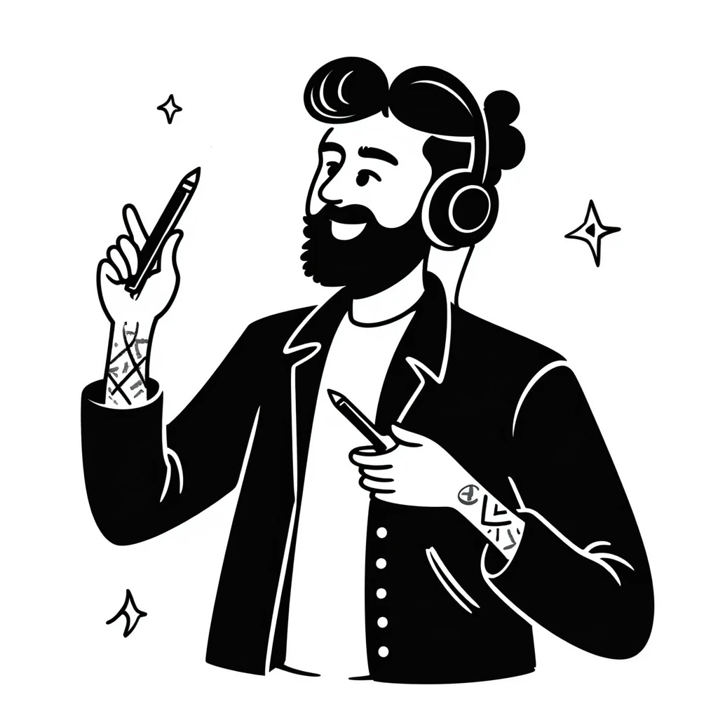 pop rock musician with well-groomed stylish beard, arm tattoos, headphones on ears, smiling confidently, holding microphone in one hand and pencil in other hand emoji