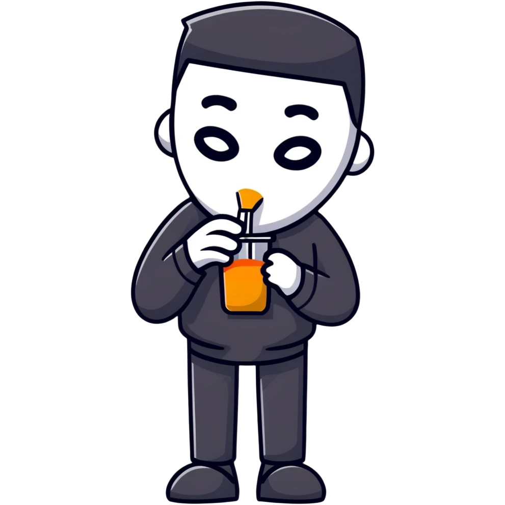 Masked man in dark clothes holding and sipping from a small juice box, comical contrast between serious appearance and childish action emoji