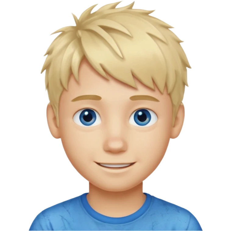 A blonde boy with blue eyes and a messy textured fringe hairstyle with no side part and he’s smiling emoji