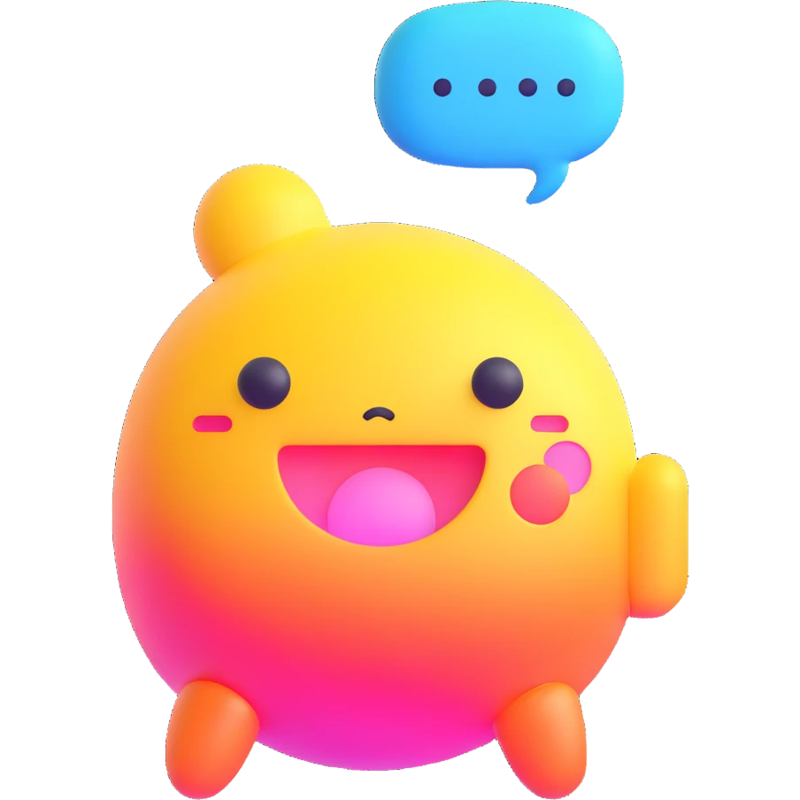 Retro game mascot — like a Tamagotchi-style AI creature, round and colorful with a speech bubble. emoji