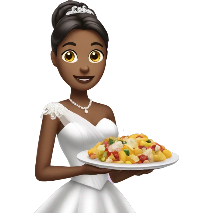 a woman on wedding dress holding a plate of food emoji