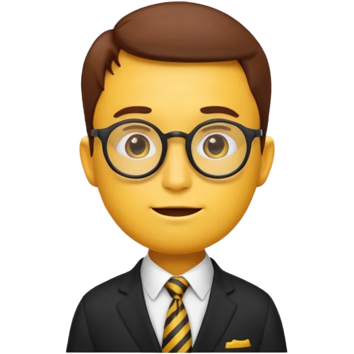 emoji character with the classic nerd emoji head (yellow round face, large brown glasses, buck teeth, freckles). The body is human-like, dressed in an elegant black suit with a tie, in a thoughtful and philosophical pose —  emoji