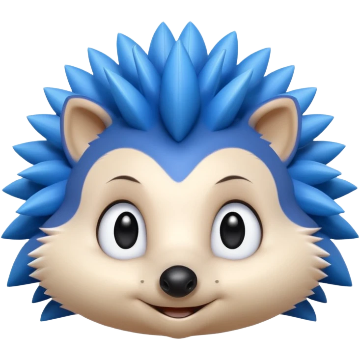blue hedgehog emoji with long forward-facing quill spikes, smooth rounded face, large oval eyes with black pupils, small black nose, thin confident smile, 3D Apple emoji style, 1:1, clean shading, cute but energetic expression
 emoji