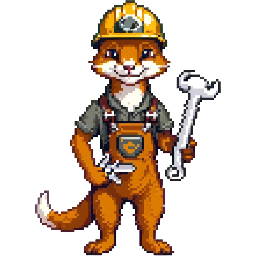 AN ANTHROPOMORPHIC WEASEL WITH A HARDHAT AND A LARGE SPANNER WRENCH - AIRPLANE FUSELAGE nose art 1940s era - he has a very VERY dark and mischevious look in his eye- grinning emoji