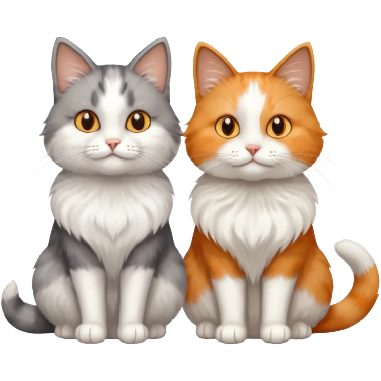 a realistic looking very fluffy grey and white cat sitting next to another cat emoji