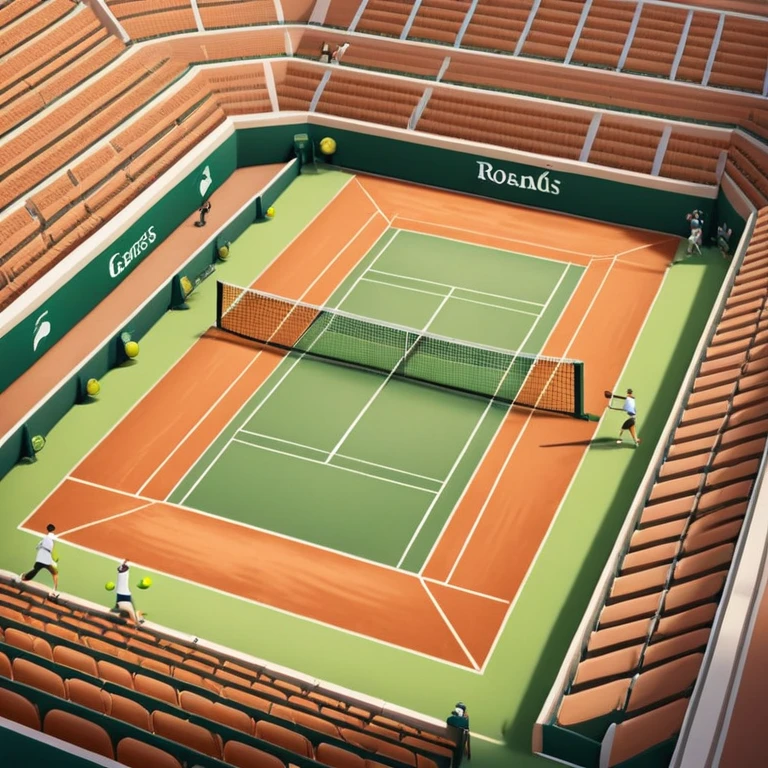 A tennis court at the Roland Garros tournament, with the iconic clay surface and a tennis ball bouncing near the net. The scene evokes the energy and excitement of the grand event, with vibrant crowds in the stands and a competitive atmosphere. emoji