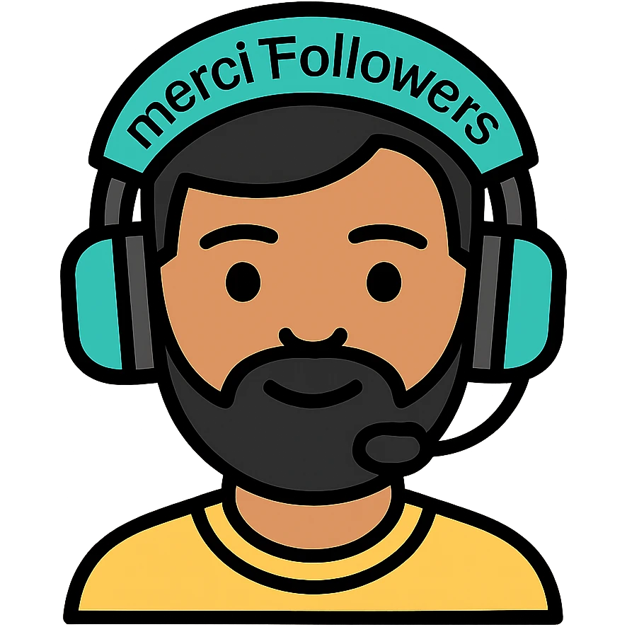 A person with black hair, brown eyes, black beard wearing a gaming headset "merci Followers" emoji