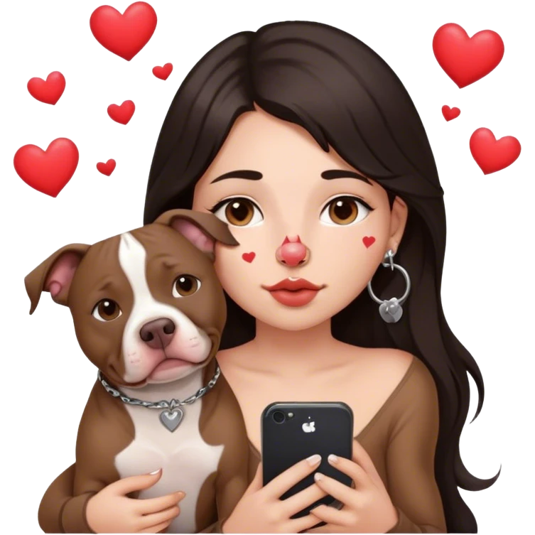 Young girl, with long dark hair, kind of chop you around her face holds her phone sitting by her pitbull. She has a small septum ring in her nose and heart fly all around her. emoji