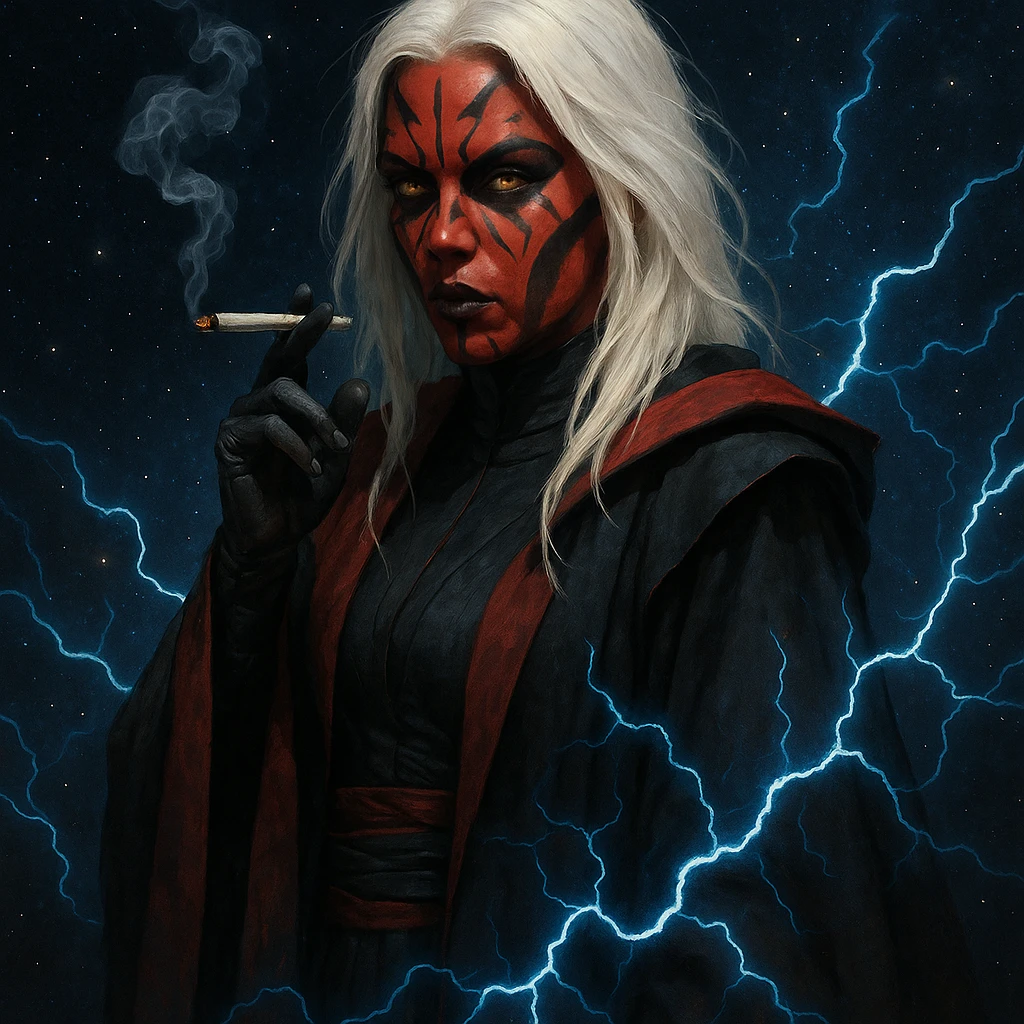 a female sith lord with white hair, smoking a joint, red and black robes, lightning crackling around her, starry space background emoji