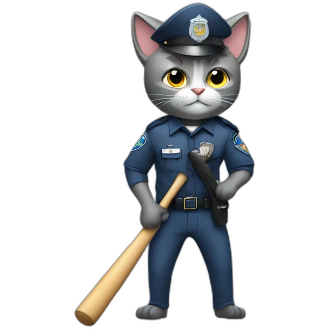 grey cat in a police uniform holding a baseball bat emoji