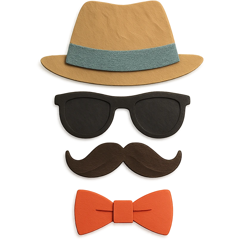paper craft style hat, sunglasses, moustache, and bowtie emoji