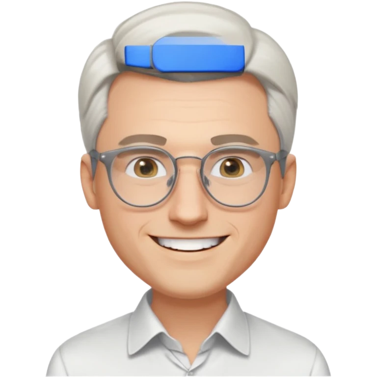 30 yr old pale white man, white/grey side swept stylish hair, round glasses, big smile, white teeth, handsome, longer hair, thin glasses, white dress shirt, smooth forehead, botox, no tie, open collar emoji