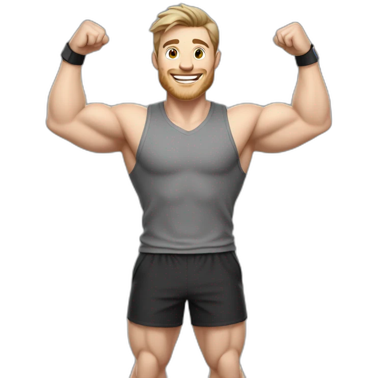 Joyful Celebrating victory Pale skinned Fit Man With the biceps and dark brown hair in black shirt, gray sports shorts and white Sneakers emoji