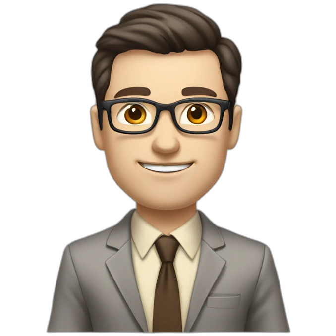 Pale skinned fit man with dark brown hair in gray jacket, beige office shirt, brown tie, brown pants and vintage glasses Writing on the marker board emoji