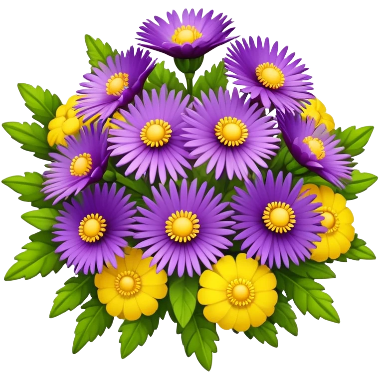 Bouquet of purple Callius, with separate tiny, yellow circular flowers interspersed in between the beautiful bouquet emoji