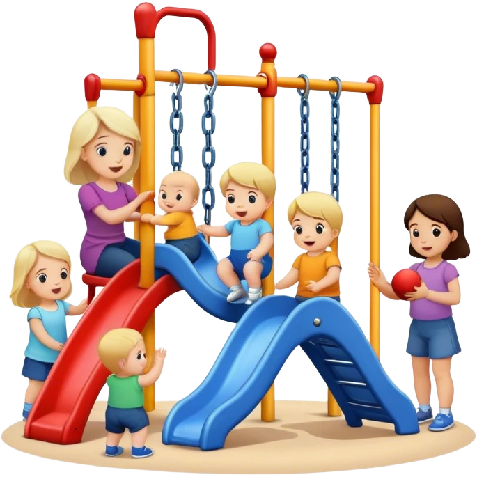 Toddlers playing on a  playground and a woman holding a baby watching  emoji