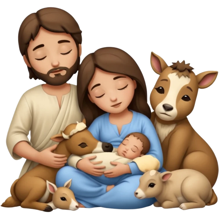 Marie, Joseph, petit bébé Jesus, et les animaux font tous dodo emoji