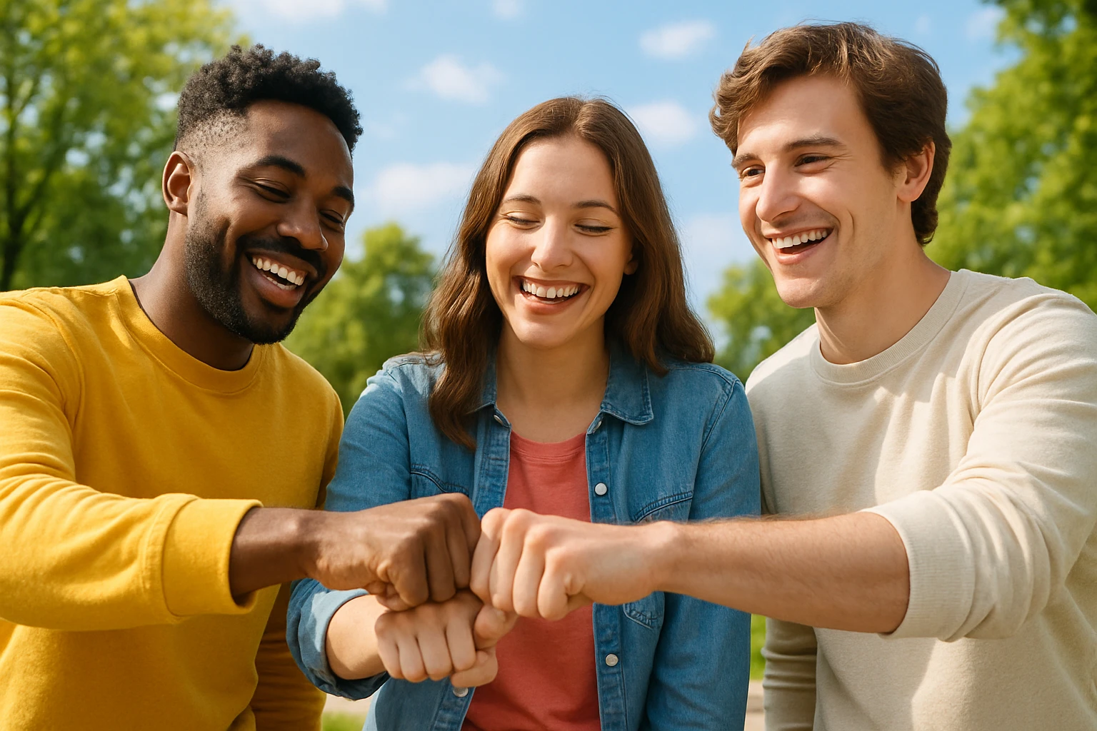 three friends making a group fist bump, hands meeting in the center, positive energy emoji