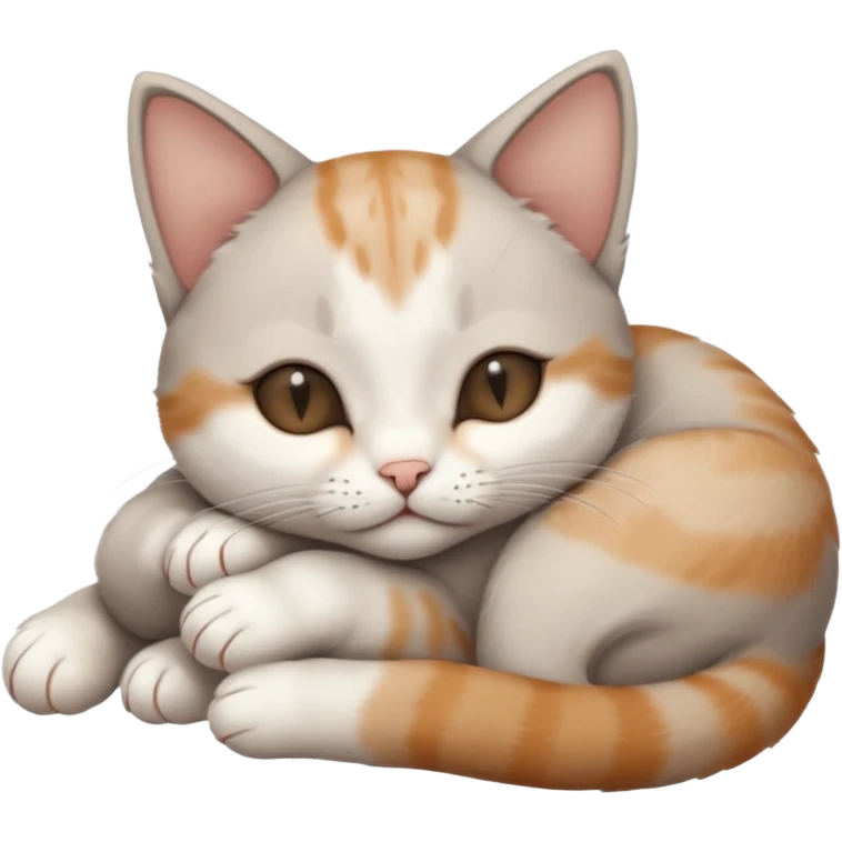 grey and white small cat with eyes closed lying down upside down with its head resting own paw emoji